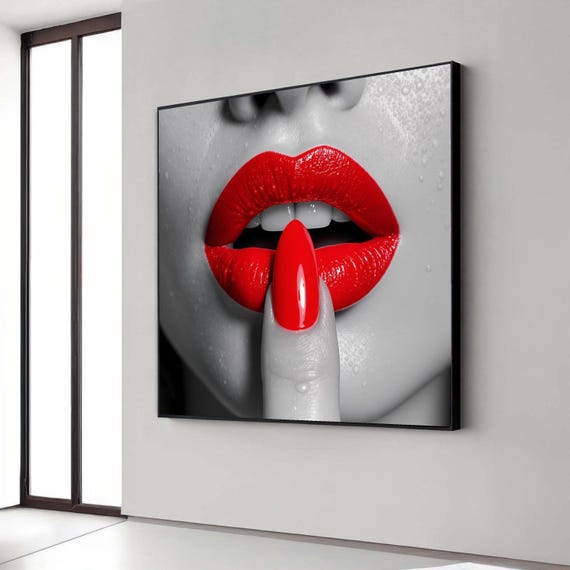Bold Red Lips Closeup Canvas Glamour Beauty Wall Art Fashion Makeup Glossy Lipstick And Nail Modern Gift Home Decor