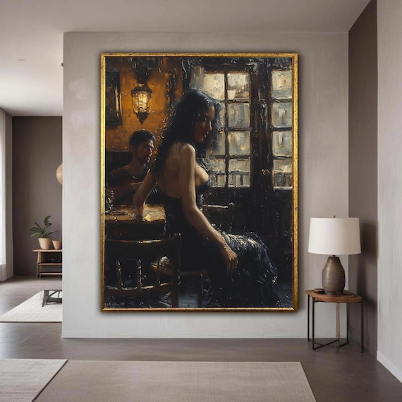 Intimate Evening Scene Canvas Romantic Couple Painting Moody Bar Interior Art Warm Light Wall Decor Expressionist Gift Home