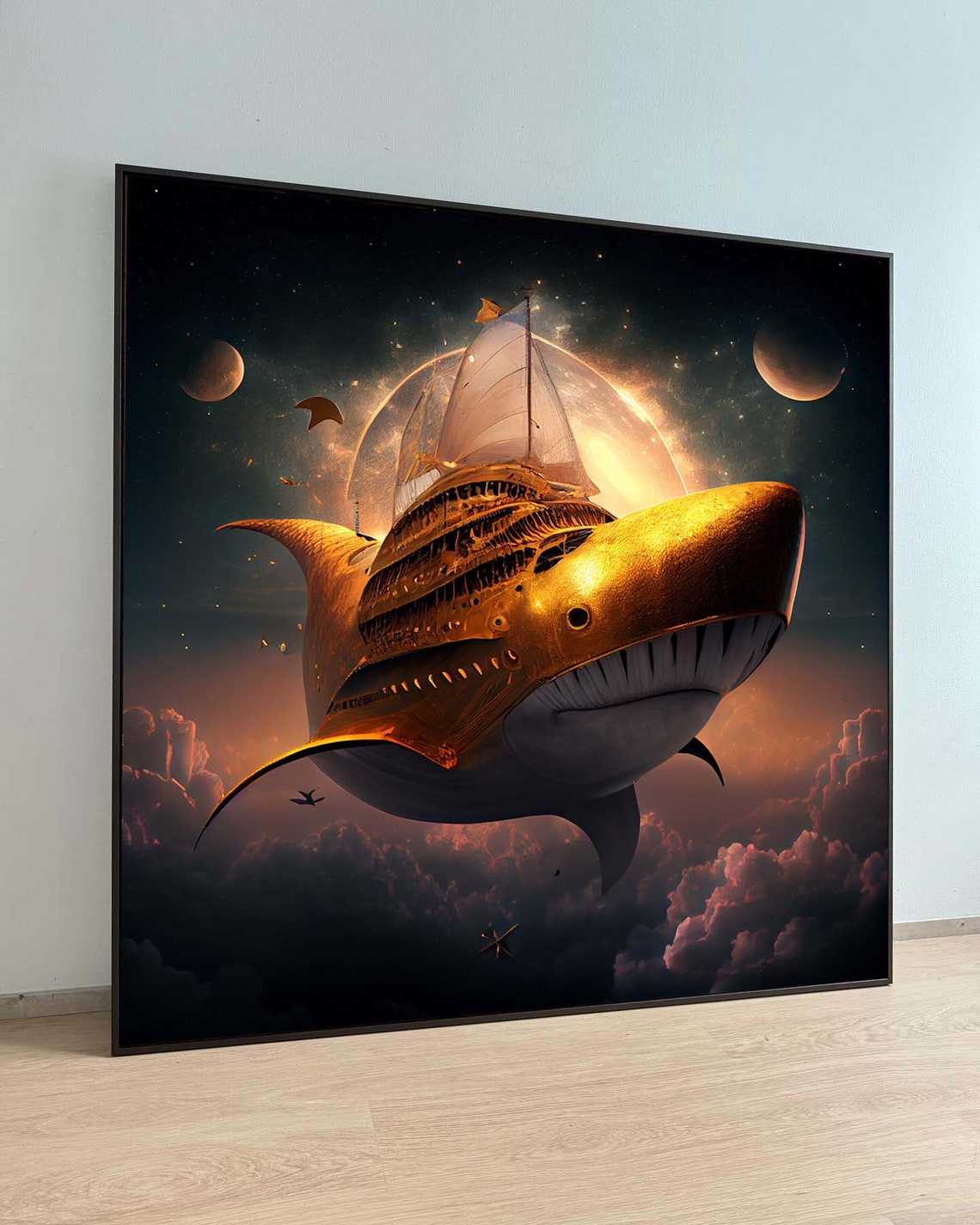 Wall Art Golden Spaceship Canvas Surreal Nautical Fantasy Space Print Animal Ready To Hang Decoration