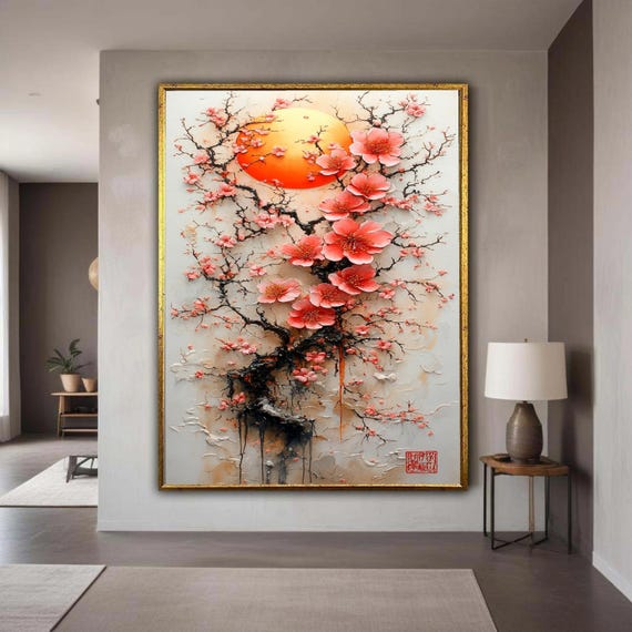 Cherry Blossom Tree Canvas Asian Floral Art Pink Flowers Wall Decor Golden Sun Background Nature Inspired Gift Home