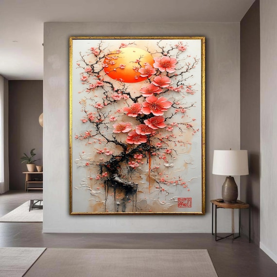 Cherry Blossom Tree Impasto Painting Red Sun Asian Style Art Poster