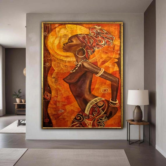 African Woman Portrait Canvas Tribal Art Wall Decoration Ethnic Home Decor Vibrant Orange Abstract Cultural Gift