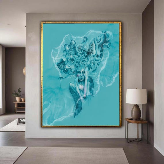 Surreal Blue Woman Portrait Canvas Abstract Facial Art Fluid Shapes Wall Modern Home Decoration Dreamy Gift Decor