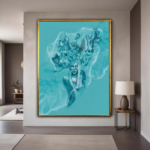 Surreal Blue Woman Portrait Underwater Dream Fluid Abstract Poster