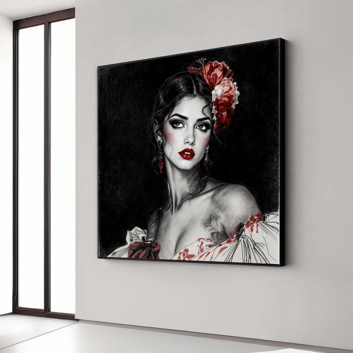 Flamenco Beauty Red Floral Hairpiece Bold Portrait Monochrome Poster