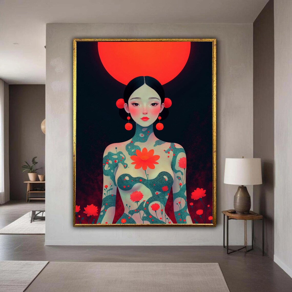 Floral Moon Goddess Tattooed Woman Surreal Fantasy Portrait Wall Print