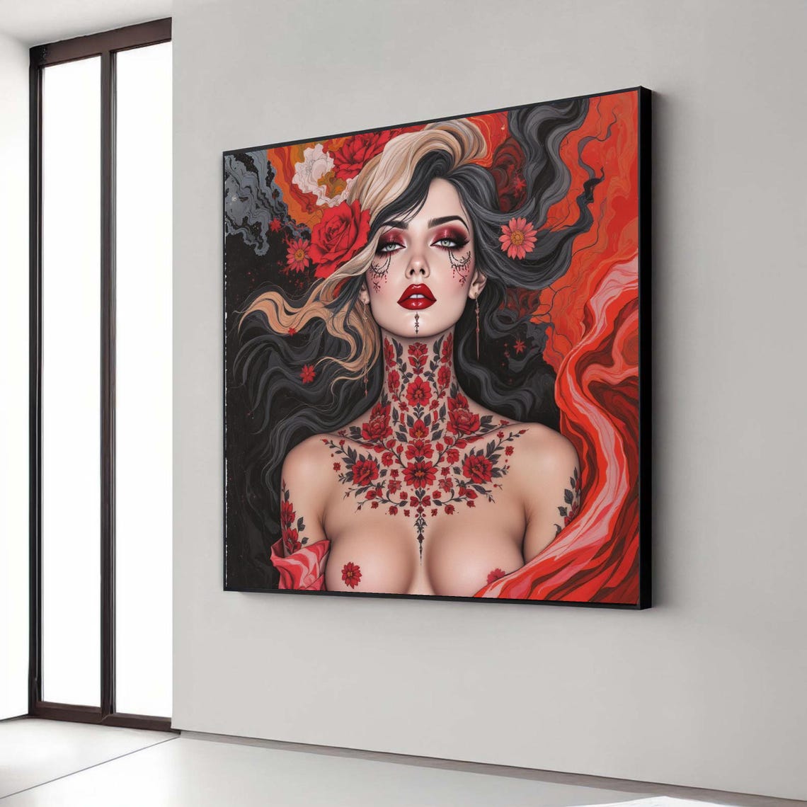 Gothic Floral Tattoo Woman Red Roses Dramatic Dark Beauty Art Poster