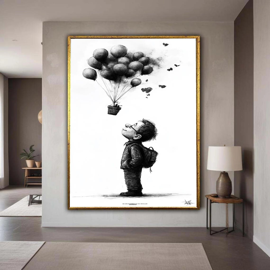 Dreaming Boy With Balloon Basket Black White Whimsical Sketch Poster