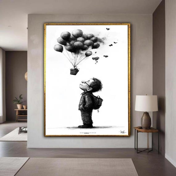 Dreaming Boy Canvas Wall Art Black And White Balloon Sketch Whimsical Child Illustration Inspirational Kids Room Gift Home Decor