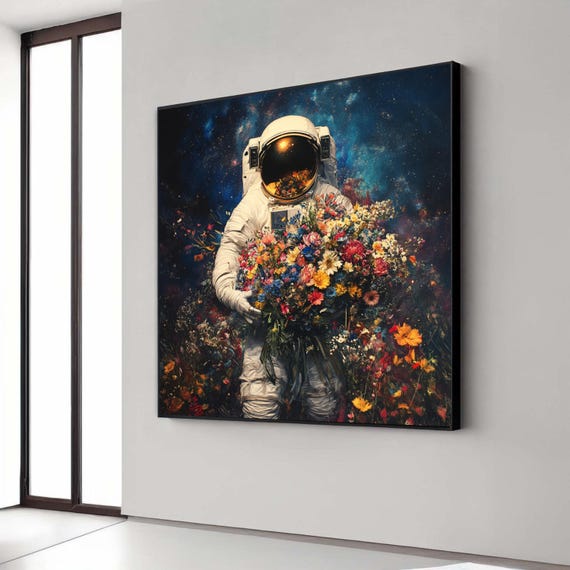 Astronaut Holding Vibrant Flowers Space Floral Canvas Wall Art Surreal Cosmos Painting Colorful Bouquet Decoration Gift Home Decor
