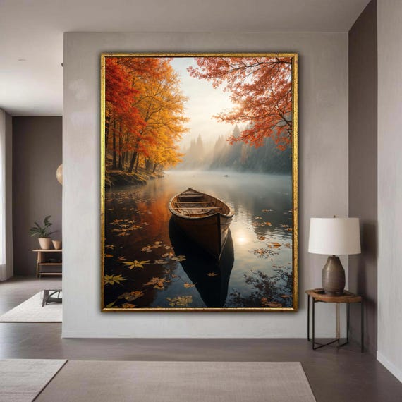 Autumn Forest Lake Canvas Print Wooden Boat On Misty Water Serene Fall Landscape Wall Art Orange Red Trees Nature Scene Home Decor