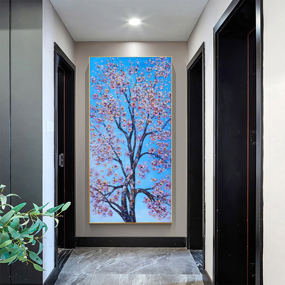 Pink Cherry Blossom Tree Impasto Oil Painting Blue Sky Wall Art - Image 5