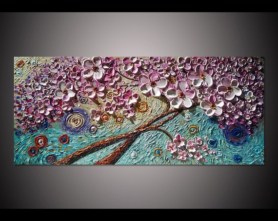 Abstract Cherry Blossom Oil Painting, Impasto Art