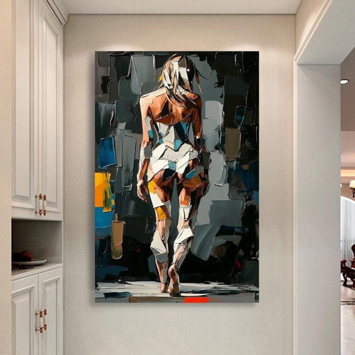 Abstract Woman Walking Away Geometric Cubist Brushstroke Modern Art Poster