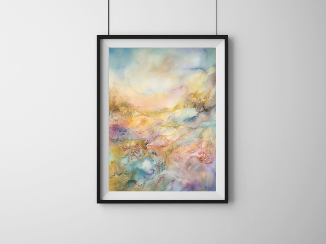Pastel Abstract Watercolor Blue Gold Pink Dreamy Cloud Art Print - Image 4