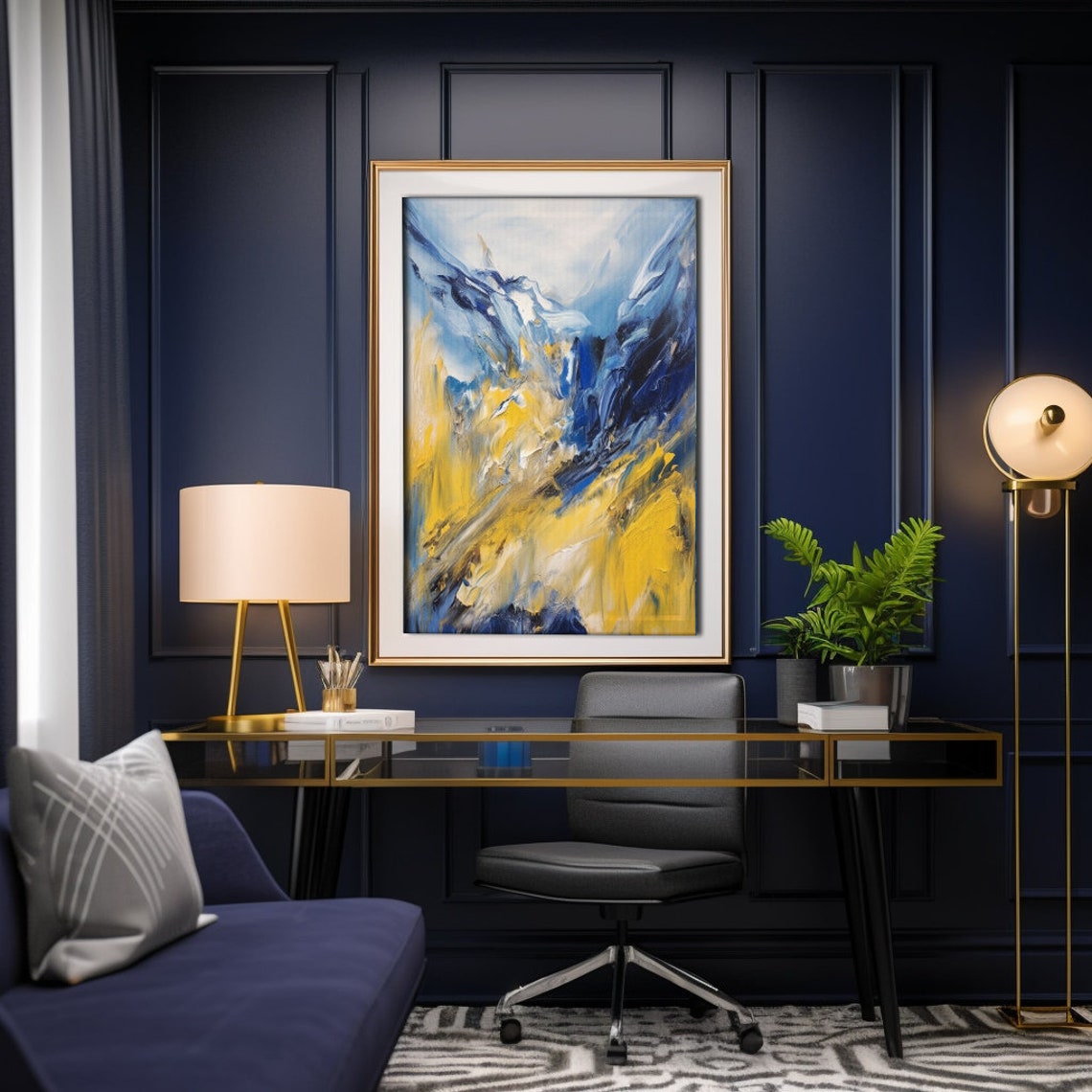 Bold Blue and Yellow Abstract Brushstroke Modern Painting Poster - Image 4