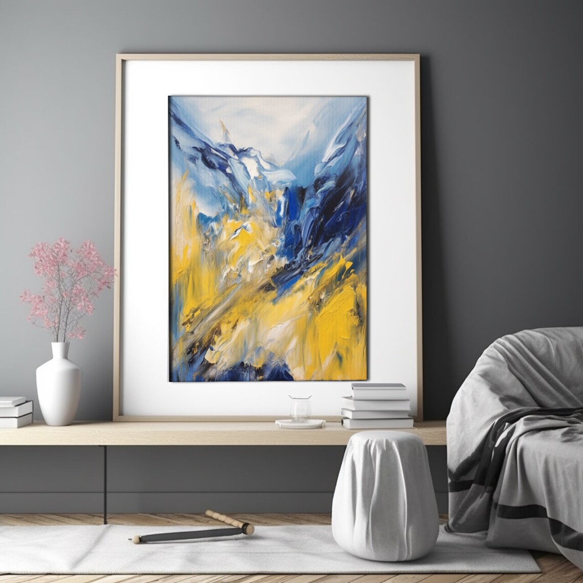 Bold Blue and Yellow Abstract Brushstroke Modern Painting Poster - Image 2