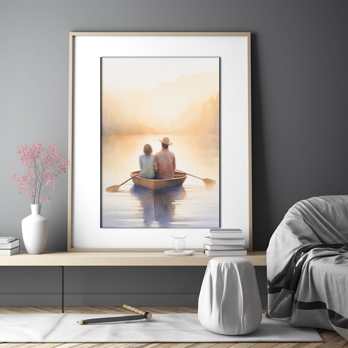 Romantic Couple Canoe Lake Sunset Watercolor Painting Poster - Image 3