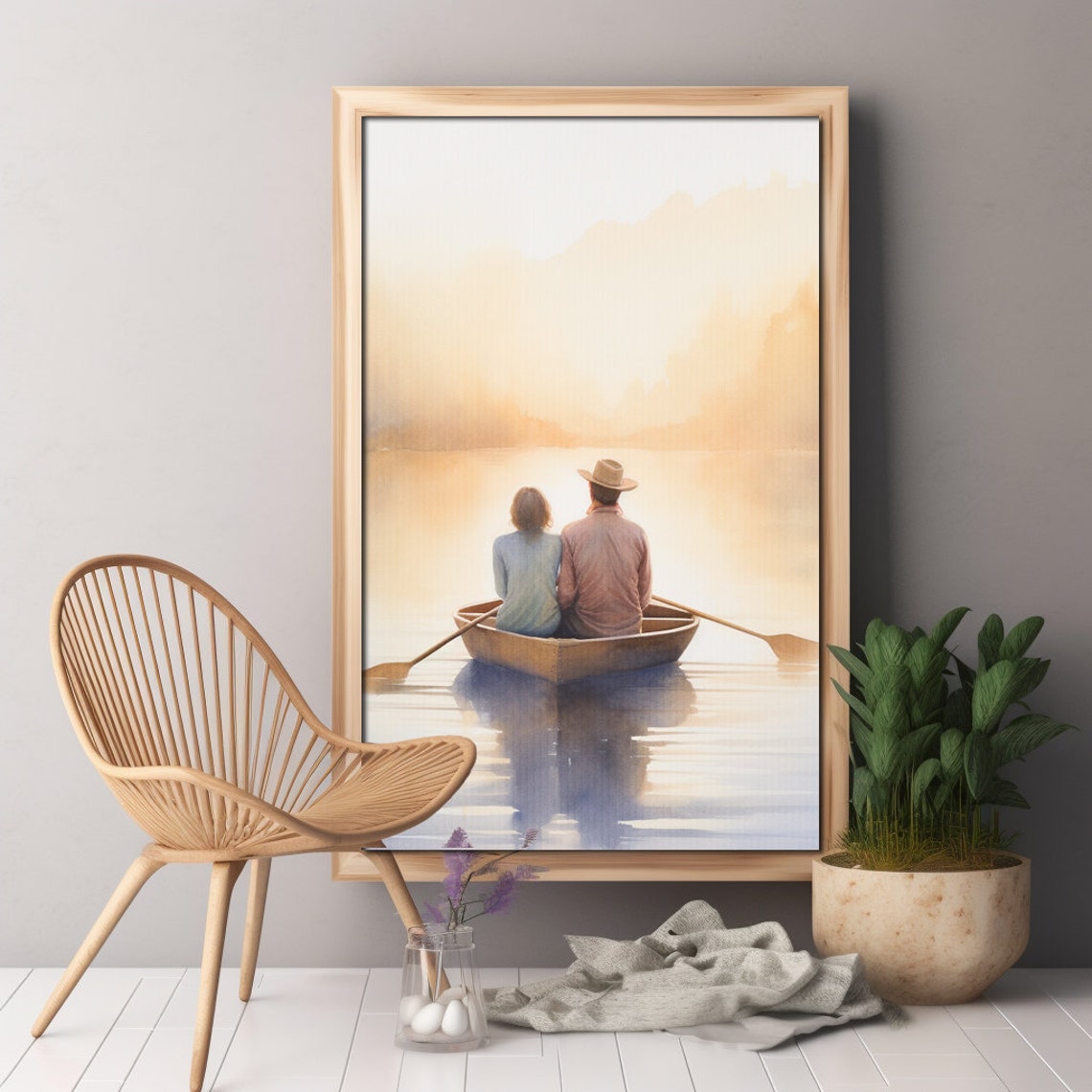 Romantic Couple Canoe Lake Sunset Watercolor Painting Poster - Image 2