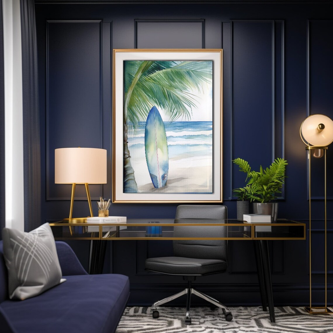 Surfboard Palm Tree Beach Watercolor Art Print - Image 3