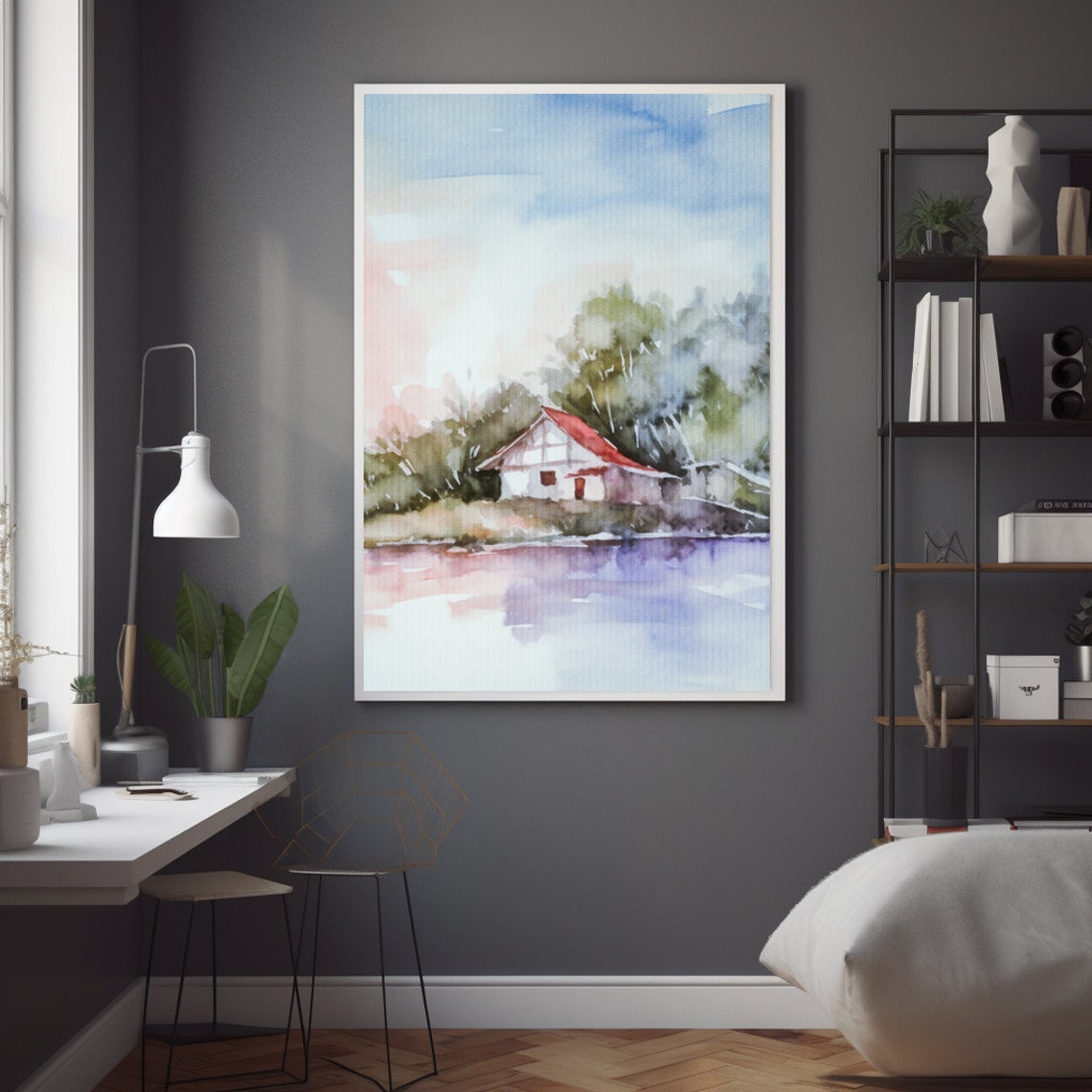 Calm Hut On Lake, Watercolor Boho Style - Image 4