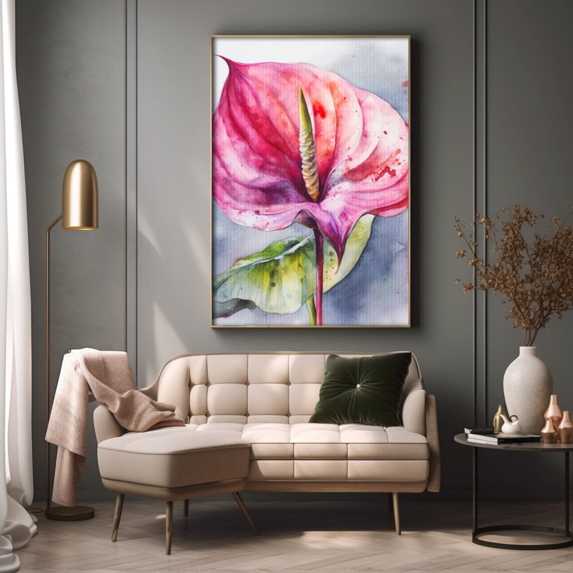 Anthurium Flower Watercolor Painting Realistic Flamingo Lily Watercolor For Hallway Bathroom Living Room Office Anthurium Painting - Image 2
