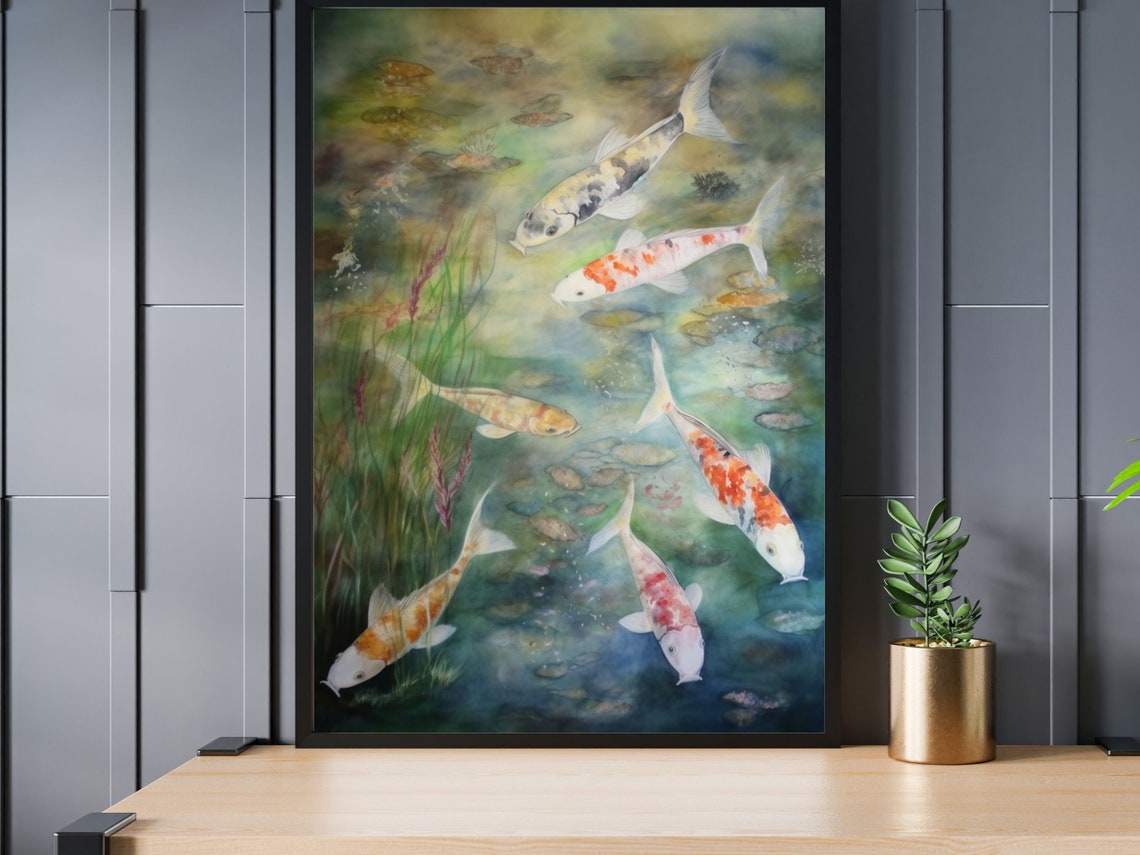 Five Koi Fish Pond Watercolor Teal Japanese Zen Painting Poster - Image 4