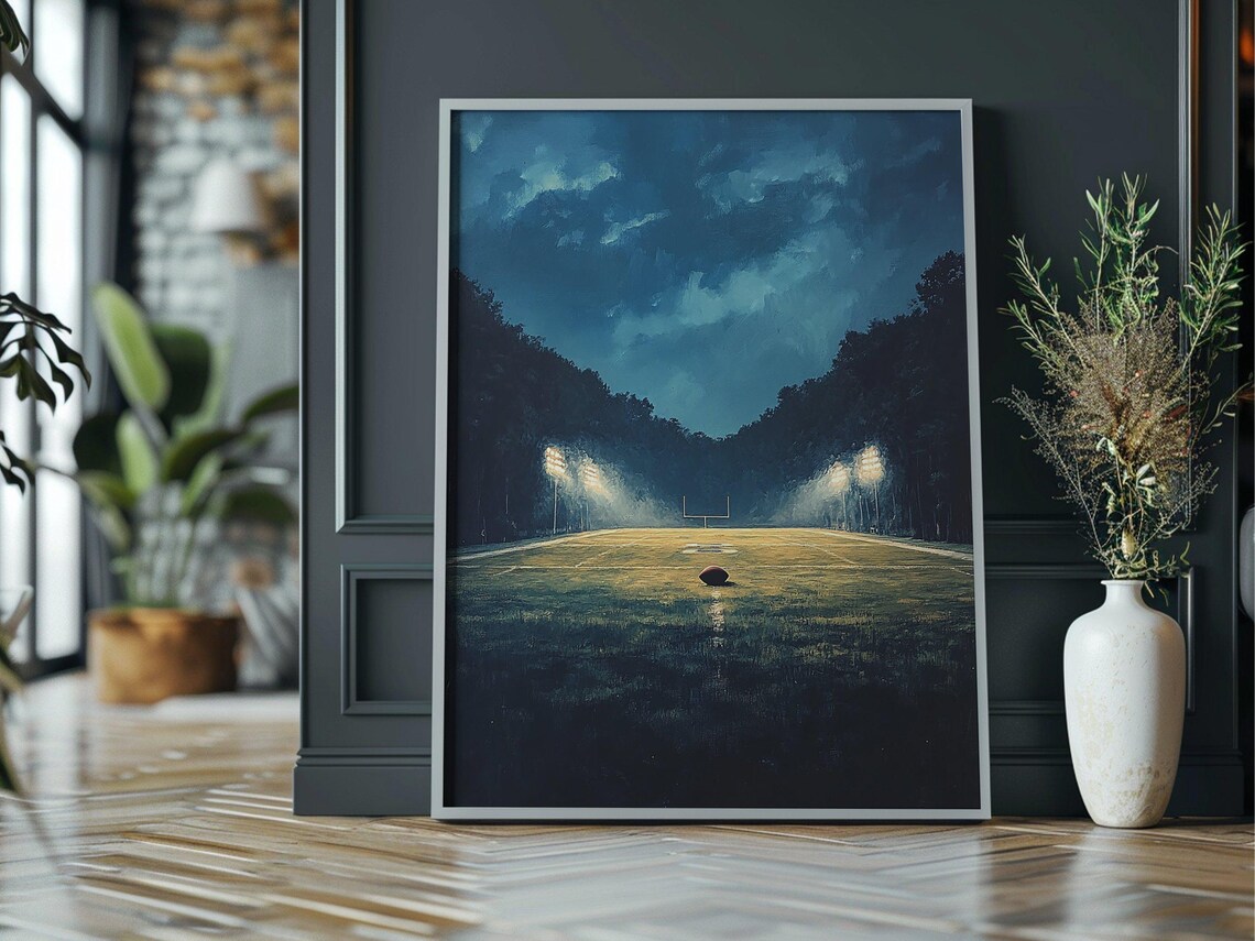 Football Stadium Night Lights Empty Field Goalpost Moody Sports Poster - Image 3