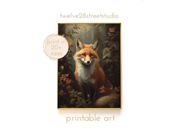 Mystic Fox Botanical Poster Instant Downloand Artwork Print In 20 Sizes Wall Art Vintage Wall Art Moody Wall Art