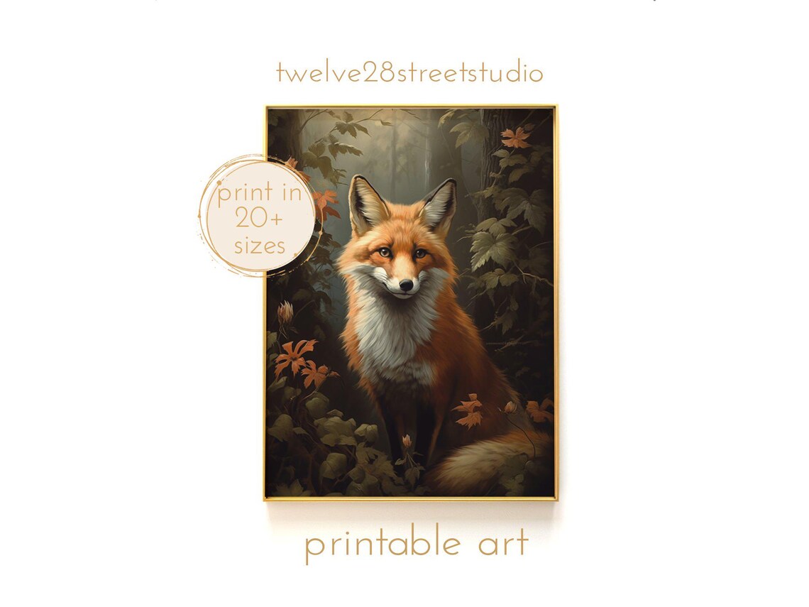 Red Fox Portrait Autumn Botanical Woodland Animal Oil Painting Wall Art