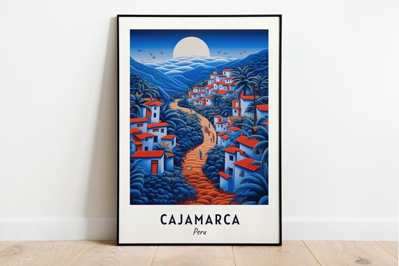 Cajamarca Peru Moonlit Village Full Moon Blue Mountains Travel Poster