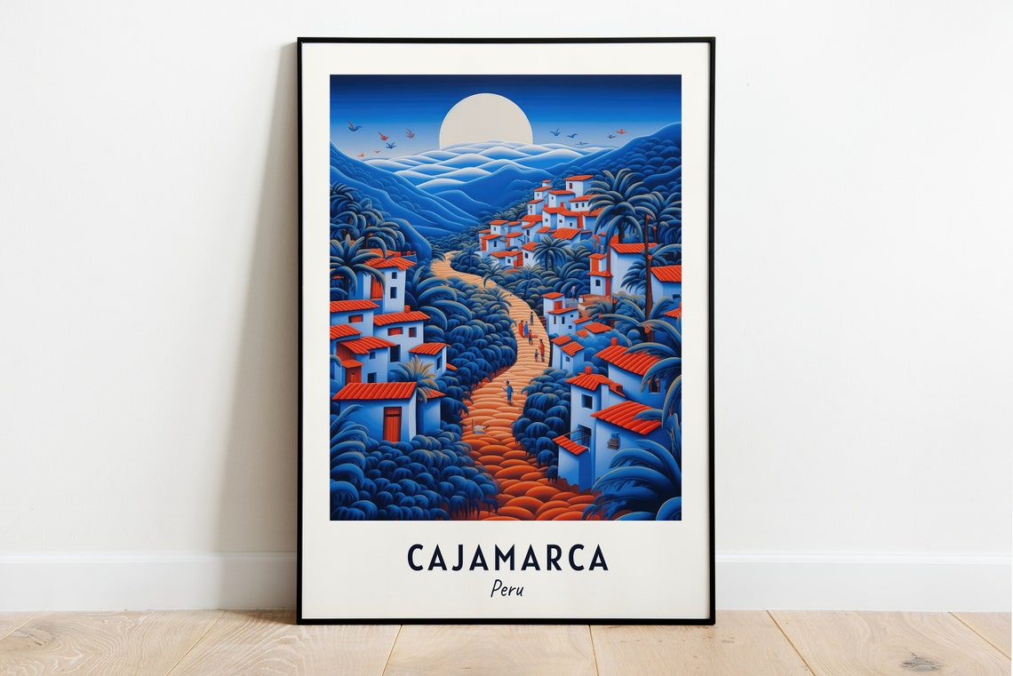 Cajamarca Peru Moonlit Village Full Moon Blue Mountains Travel Poster