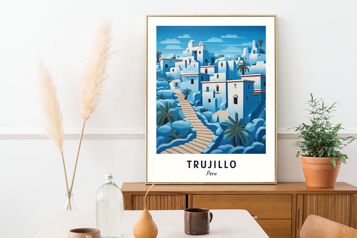 Trujillo Peru Blue White Colonial Hillside Town Palms Poster - Image 2