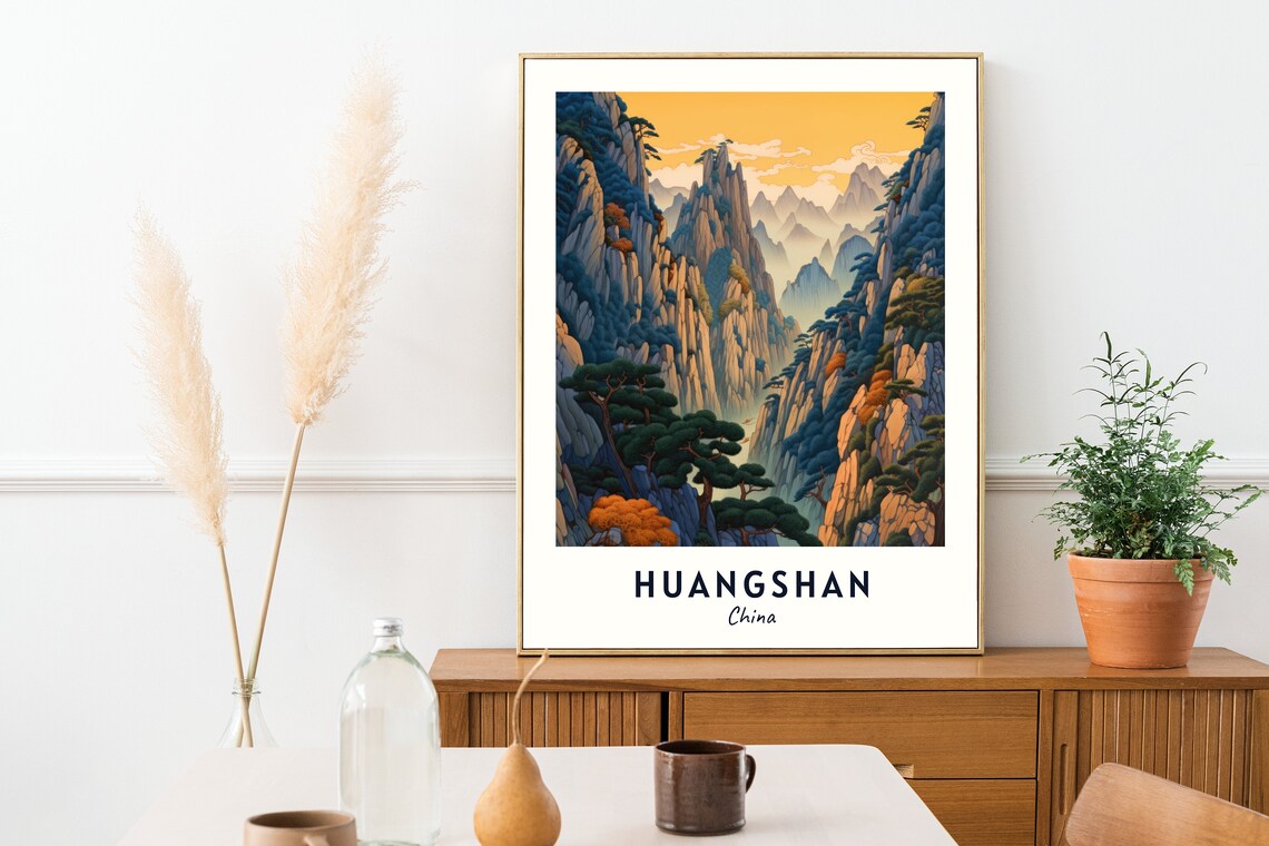Huangshan China Yellow Mountain Peaks Pines Sunset Valley Travel Poster - Image 2