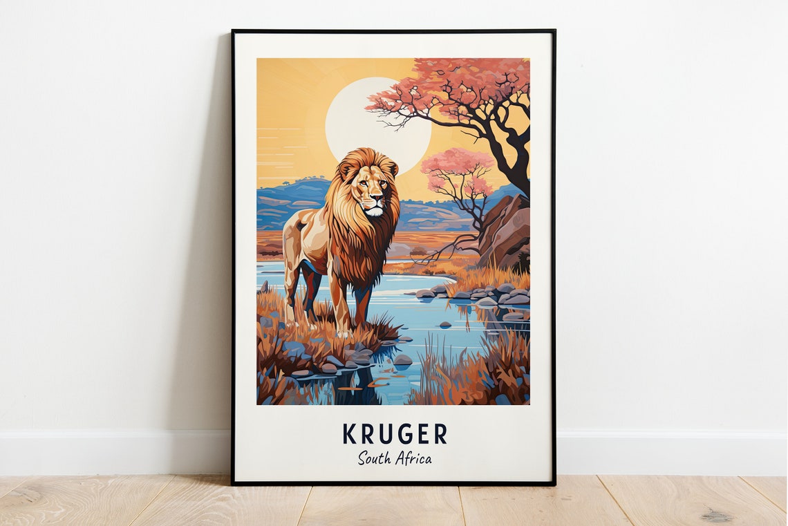 Kruger South Africa Lion Riverbed Wildlife Safari Travel Poster
