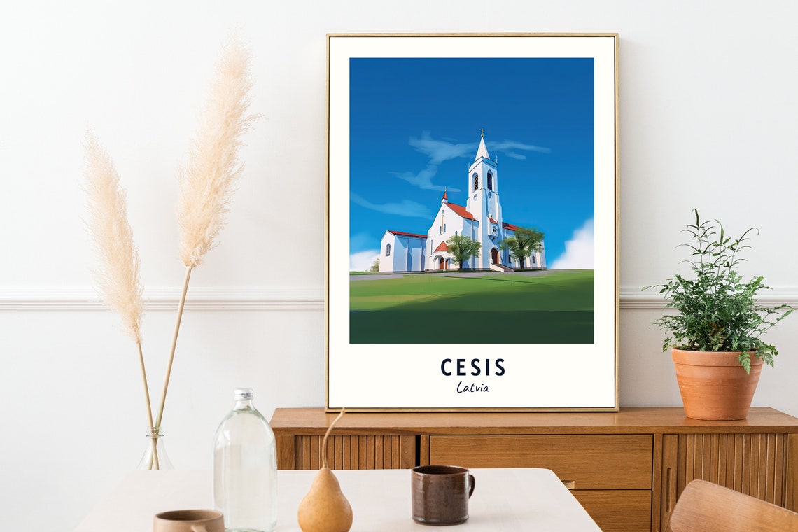 Cesis Church on the Green Hill Under Blue Sky Latvia Travel Poster - Image 2