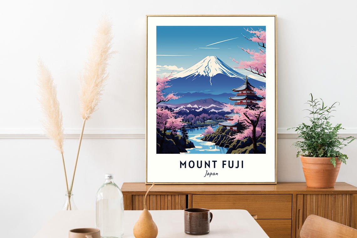 Mount Fuji Japan Pagoda Cherry Blossom Spring View Travel Poster - Image 2