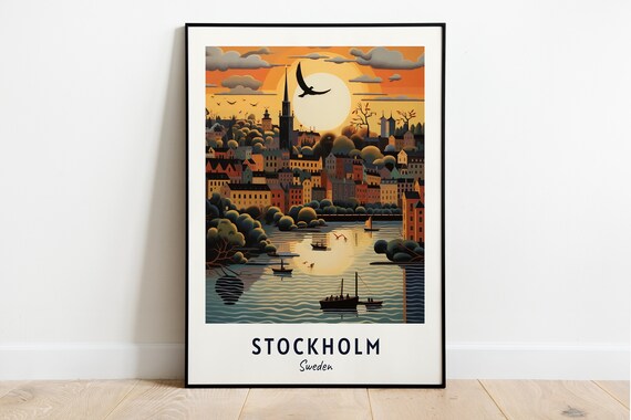 Stockholm Harbor Sunset Church Spire Sailing Boats Travel Poster