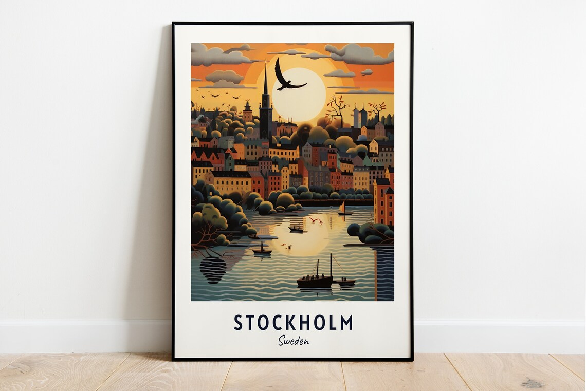 Stockholm Harbor Sunset Church Spire Sailing Boats Travel Poster