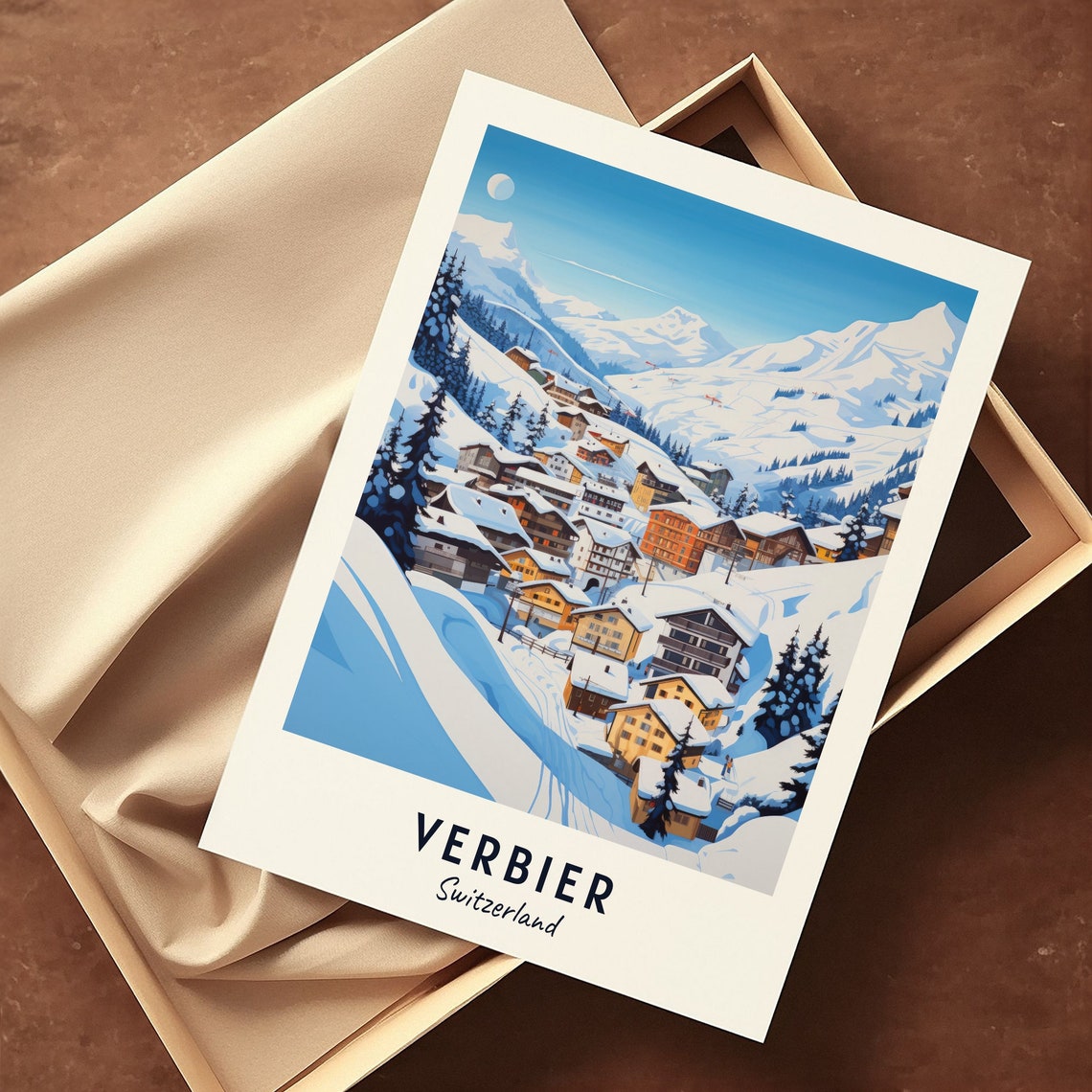 Verbier Switzerland Alpine Winter Ski Resort Night Scene Poster - Image 3