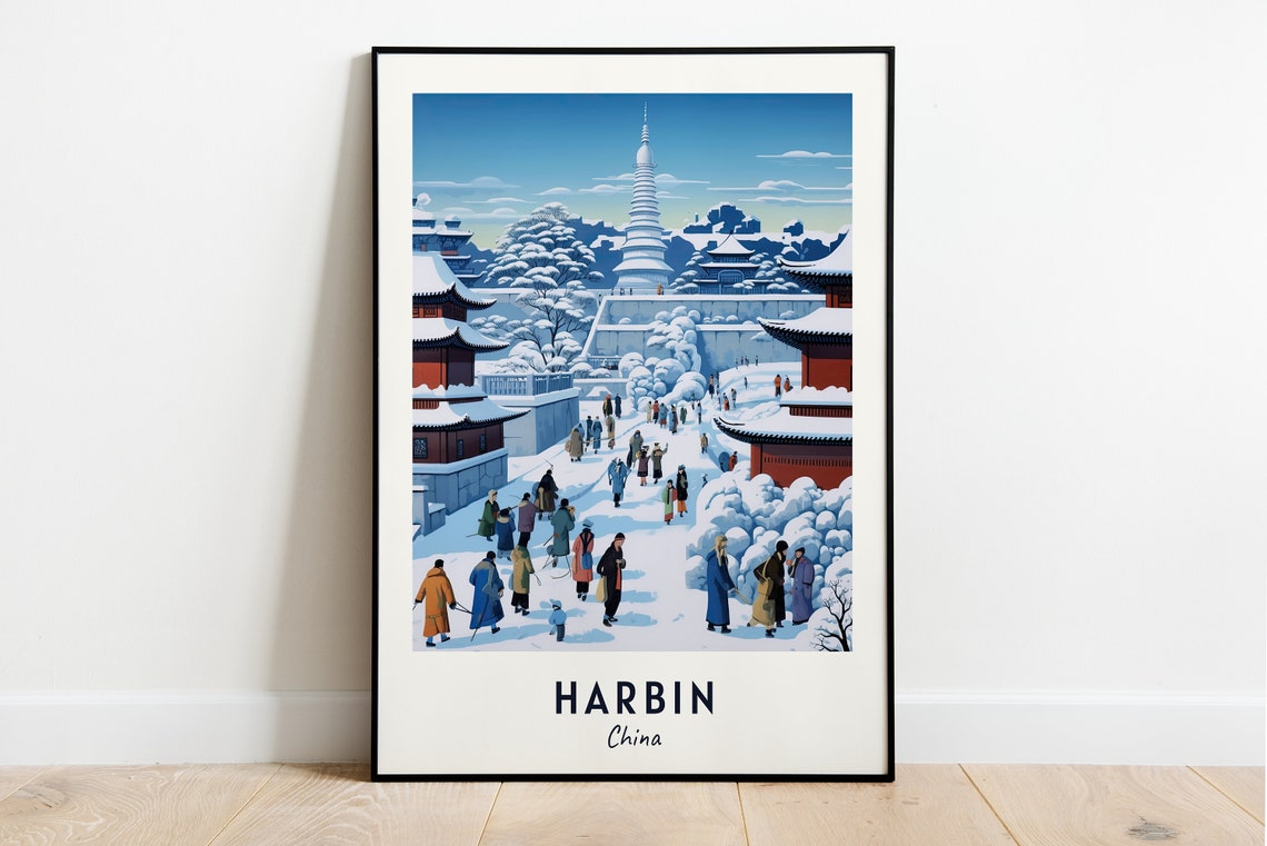Harbin China Snow Covered Temples With Busy Winter Crowds Poster