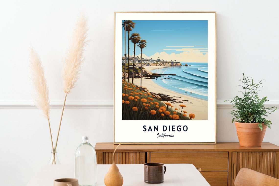 Sunny San Diego California Beach Palm Trees Wildflowers Coast Poster - Image 2