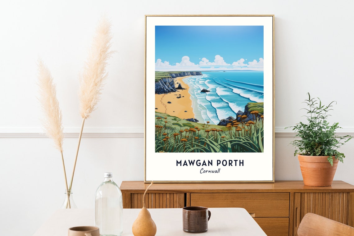 Mawgan Porth Cornwall Sandy Beach Beneath Sea Cliffs Travel Poster - Image 2