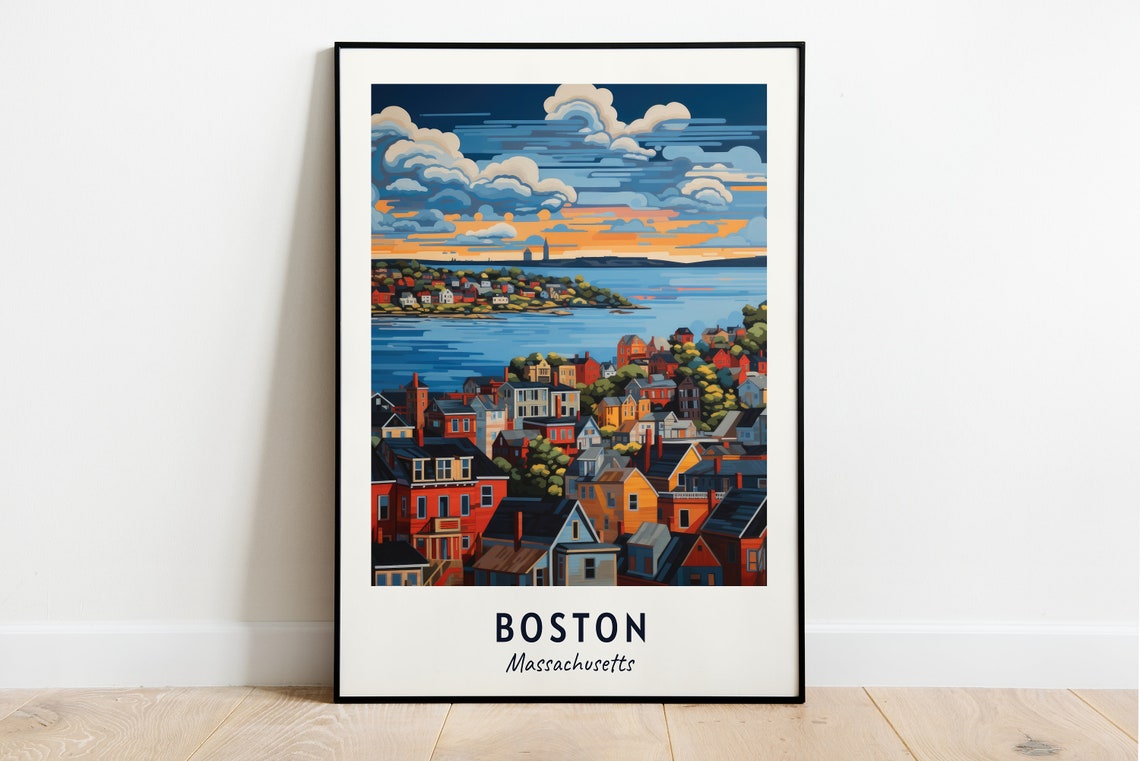 Boston Massachusetts Harbor Sunset Row Houses Brick Travel Poster