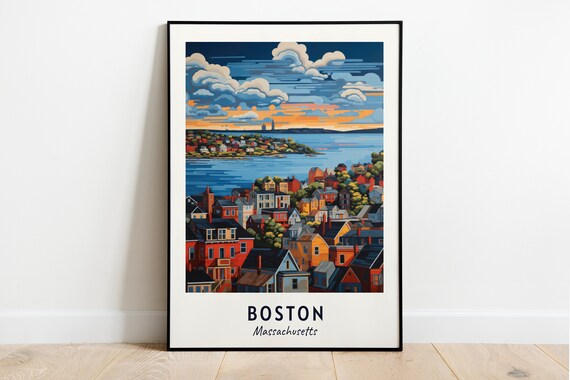 Boston Massachusetts Harbor Sunset Row Houses Brick Travel Poster