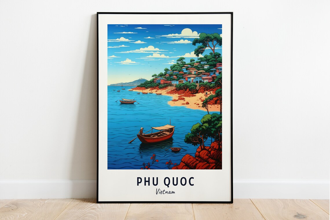 Phu Quoc Vietnam Tropical Beach Boats And Seaside Village Travel Poster