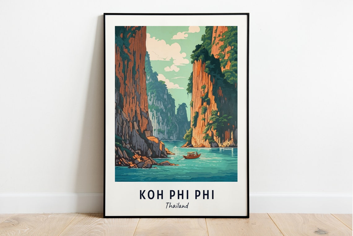 Koh Phi Phi Thailand Limestone Cliffs Longtail Boat Travel Poster
