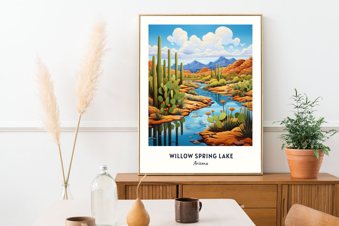 Willow Spring Lake Arizona Desert Cactus Stream Landscape Poster - Image 2