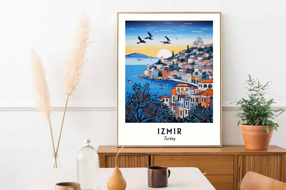 Izmir Turkey Hillside Bay Seagulls Sunset Minimalist Travel Poster - Image 2