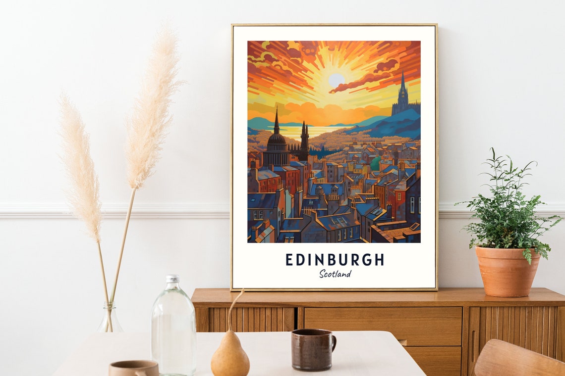 Edinburgh Scotland City Skyline Castle Dramatic Sunset Travel Poster - Image 2